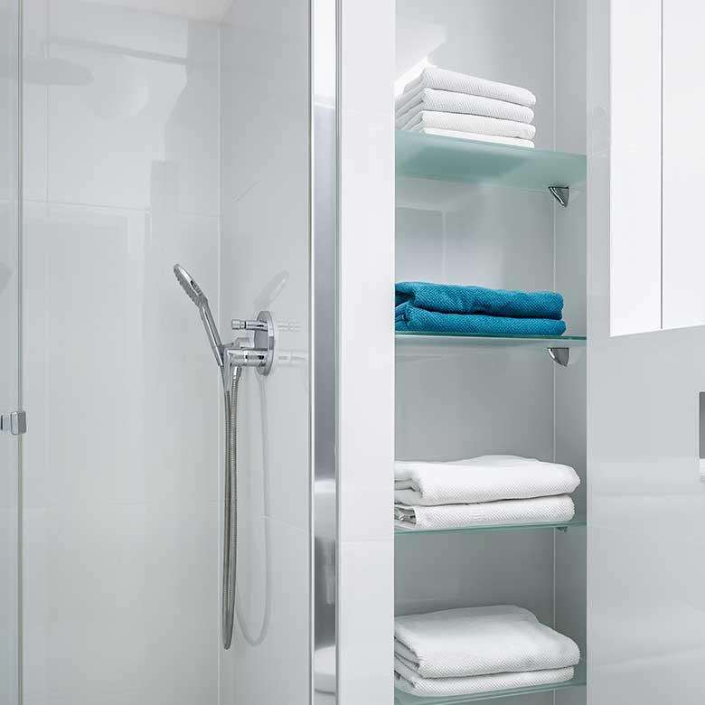 Glass shower with glass shelving beside it