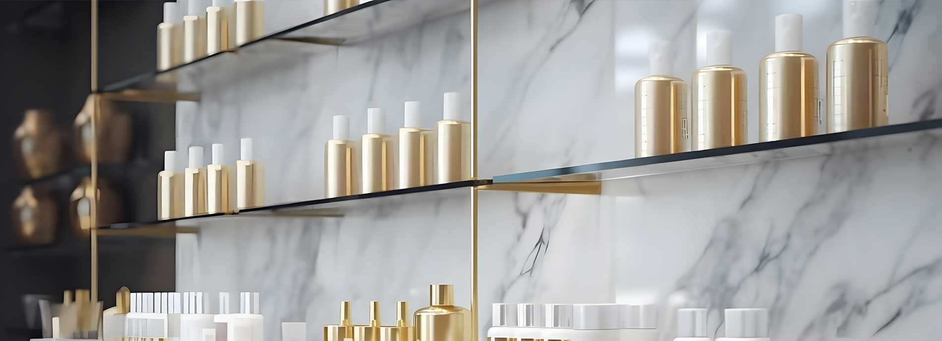 glass shelves with gold colored bottles closeup