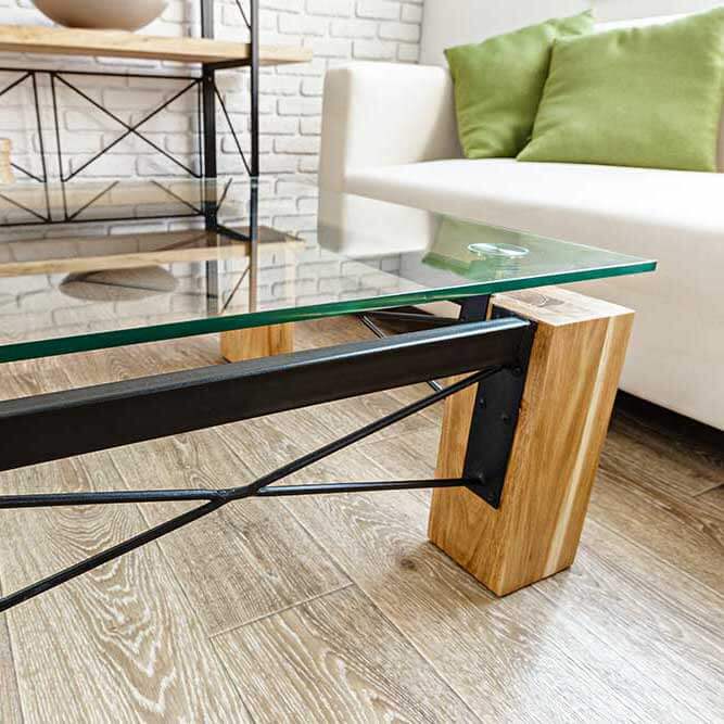 glass table top with wooden legs